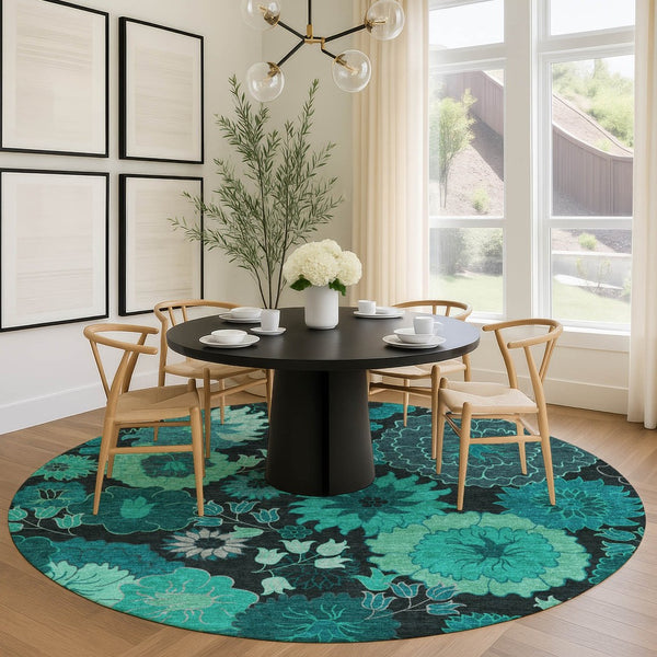 HomeRoots 8' Teal Blue Round Floral Area Rug - Stylish, Washable, Durable for Indoor & Outdoor Spaces! 658143