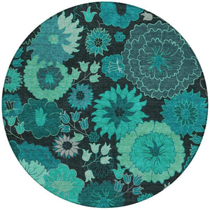 HomeRoots 8' Teal Blue Round Floral Area Rug - Stylish, Washable, Durable for Indoor & Outdoor Spaces! 658143