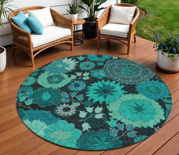 HomeRoots 8' Teal Blue Round Floral Area Rug - Stylish, Washable, Durable for Indoor & Outdoor Spaces! 658143