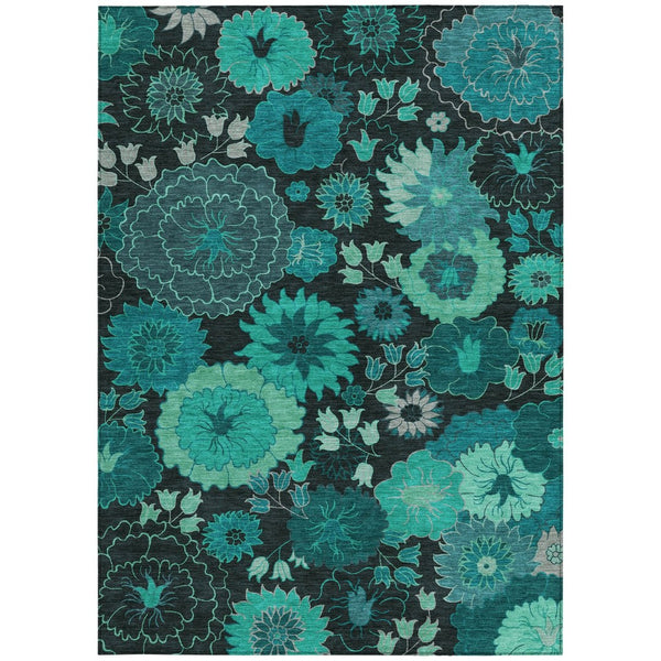 HomeRoots 8' X 10' Teal Blue & Black Floral Area Rug - Stylish, Washable, Indoor/Outdoor, Durable Design! 658144