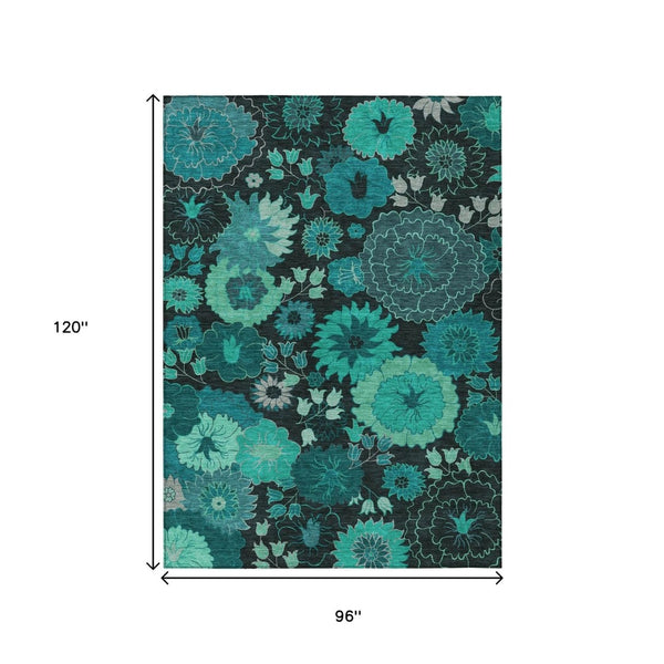 HomeRoots 8' X 10' Teal Blue & Black Floral Area Rug - Stylish, Washable, Indoor/Outdoor, Durable Design! 658144