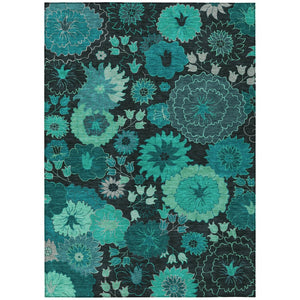 HomeRoots 8' X 10' Teal Blue & Black Floral Area Rug - Stylish, Washable, Indoor/Outdoor, Durable Design! 658144