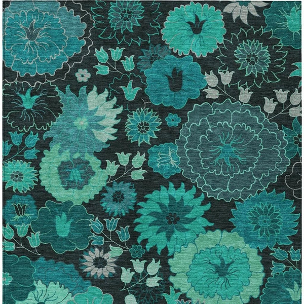 HomeRoots 10' Teal Blue & Black Floral Area Rug - Stylish, Washable Indoor/Outdoor Design for Any Space! 658146