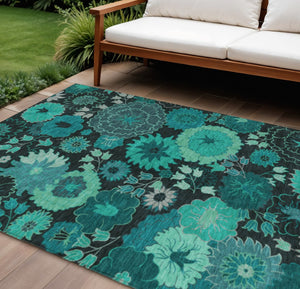 HomeRoots 10' Teal Blue & Black Floral Area Rug - Stylish, Washable Indoor/Outdoor Design for Any Space! 658146