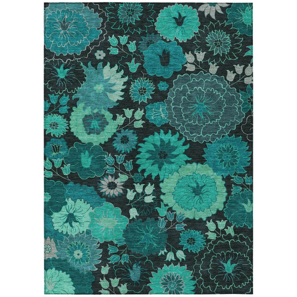 HomeRoots 10' Teal Blue & Black Floral Area Rug - Stylish, Washable Indoor/Outdoor Design for Any Space! 658146