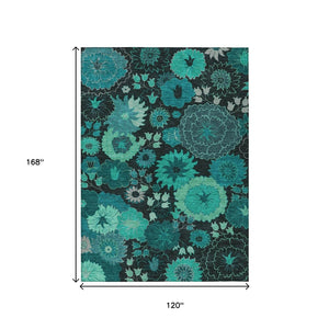 HomeRoots 10' Teal Blue & Black Floral Area Rug - Stylish, Washable Indoor/Outdoor Design for Any Space! 658146