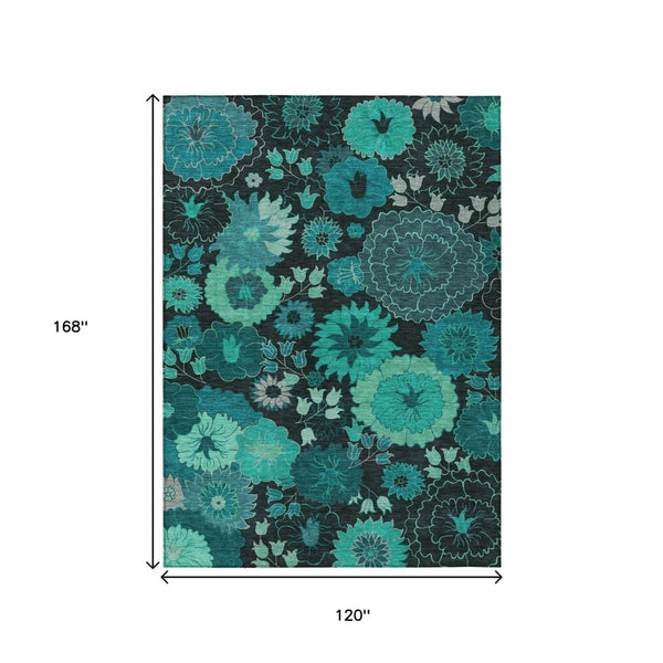 HomeRoots 10' Teal Blue & Black Floral Area Rug - Stylish, Washable Indoor/Outdoor Design for Any Space! 658146