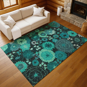 HomeRoots 10' Teal Blue & Black Floral Area Rug - Stylish, Washable Indoor/Outdoor Design for Any Space! 658146