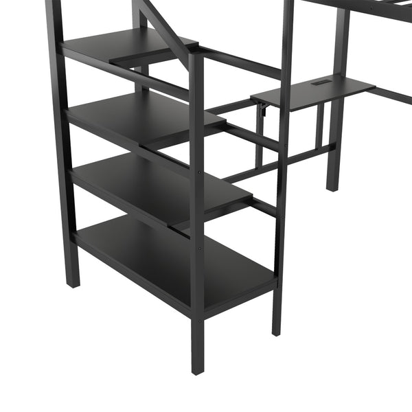 English Elm Queen Metal Loft Bed with Staircase Storage Foldable Desk and Built-in Charging W2580S00073