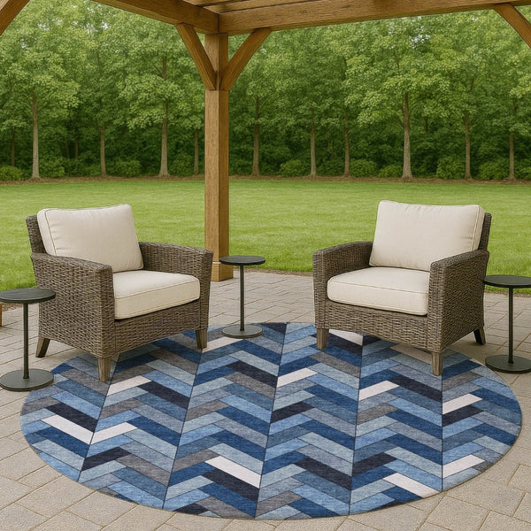 HomeRoots 8' Blue and Ivory Geometric Indoor Outdoor Rug - Washable, Durable, Stylish for High-Traffic Areas 658149