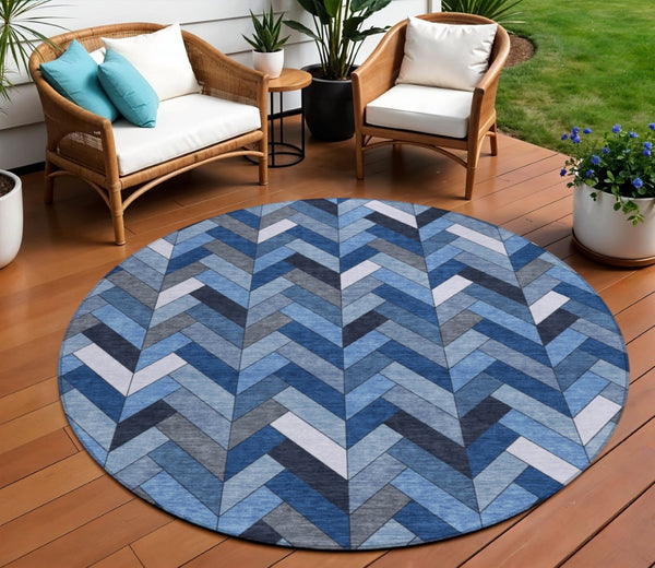 HomeRoots 8' Blue and Ivory Geometric Indoor Outdoor Rug - Washable, Durable, Stylish for High-Traffic Areas 658149