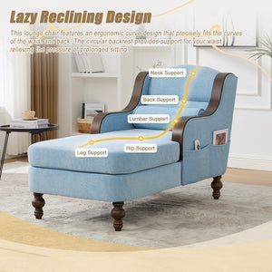 English Elm UNITED Oversized Chaise Lounge Sofa Bed with Solid Wood Arms, High-Resilience Foam, 800lb Capacity and Storage Pockets Light Blue W1568S00209