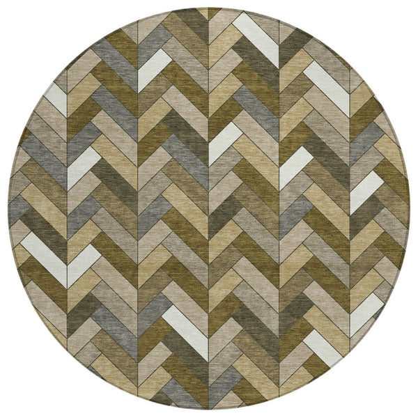 HomeRoots 8' Brown and Ivory Round Geometric Area Rug - Modern, Washable, Durable for Indoor and Outdoor Use 658155