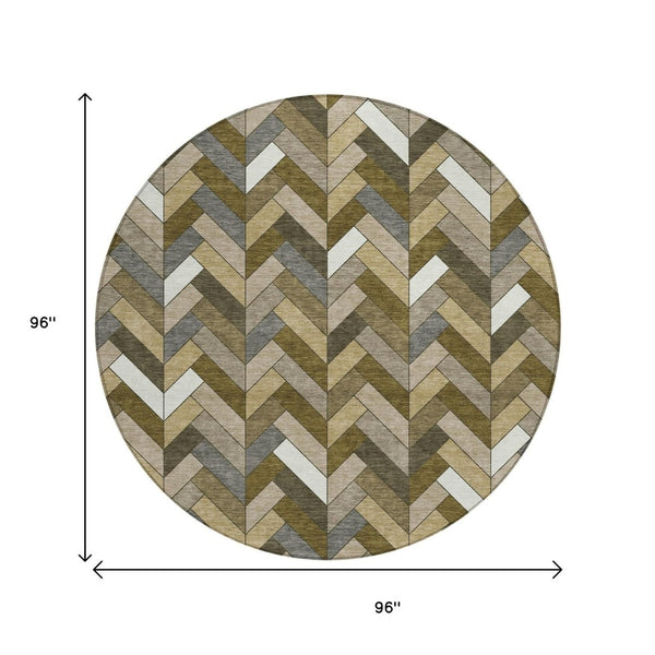 HomeRoots 8' Brown and Ivory Round Geometric Area Rug - Modern, Washable, Durable for Indoor and Outdoor Use 658155