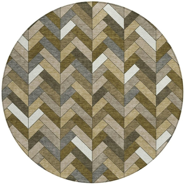 HomeRoots 8' Brown and Ivory Round Geometric Area Rug - Modern, Washable, Durable for Indoor and Outdoor Use 658155