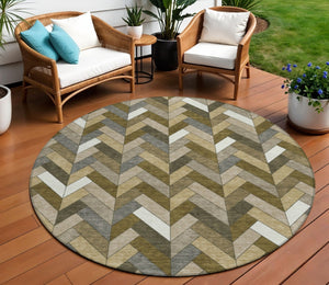 HomeRoots 8' Brown and Ivory Round Geometric Area Rug - Modern, Washable, Durable for Indoor and Outdoor Use 658155