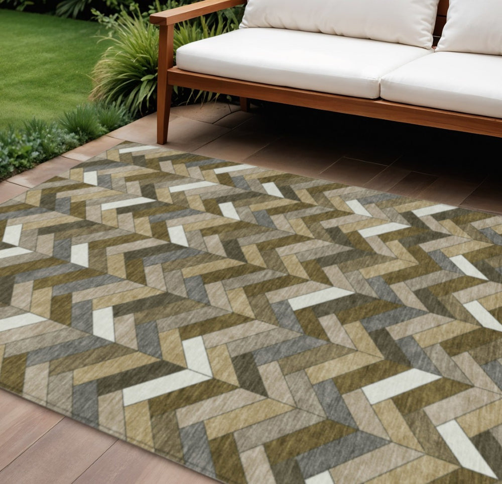 HomeRoots 8' X 10' Brown and Ivory Geometric Area Rug – Durable, Washable, Indoor/Outdoor for High-Traffic Spaces 658156