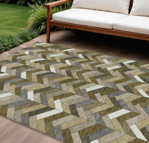 HomeRoots 9' X 12' Brown and Ivory Geometric Area Rug – Stylish, Washable, Indoor/Outdoor, Stain Resistant Design 658157