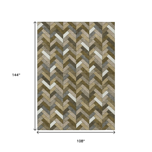 HomeRoots 9' X 12' Brown and Ivory Geometric Area Rug – Stylish, Washable, Indoor/Outdoor, Stain Resistant Design 658157