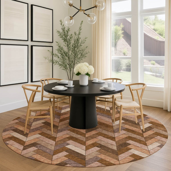HomeRoots 8' Copper and Rust Round Geometric Area Rug - Washable, Durable, Stylish for Indoor & Outdoor Use 658161