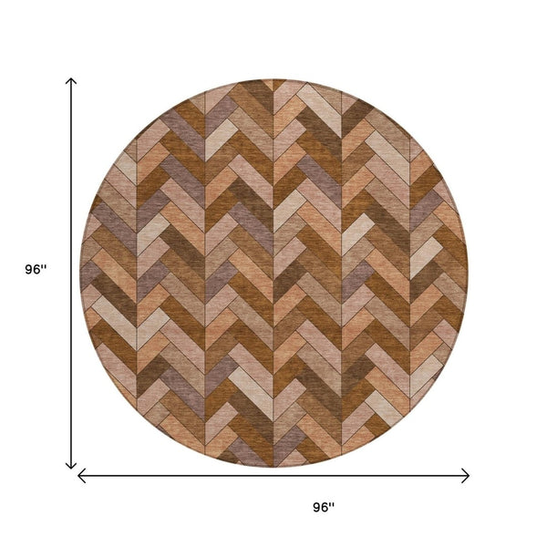 HomeRoots 8' Copper and Rust Round Geometric Area Rug - Washable, Durable, Stylish for Indoor & Outdoor Use 658161