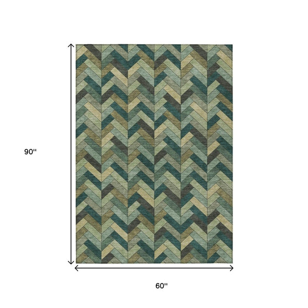 HomeRoots 5' X 8' Green and Gray Geometric Area Rug – Durable, Washable Design for Indoor & Outdoor Spaces 658166