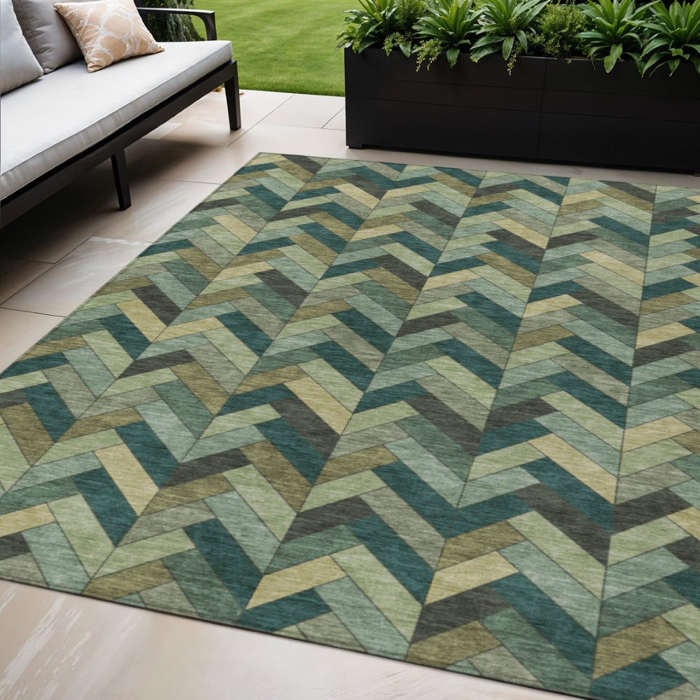 HomeRoots 5' X 8' Green and Gray Geometric Area Rug – Durable, Washable Design for Indoor & Outdoor Spaces 658166