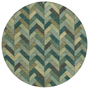 HomeRoots 8' Green and Gray Round Area Rug - Washable, Durable, Stylish Geometric Design for Indoor/Outdoor Use 658167