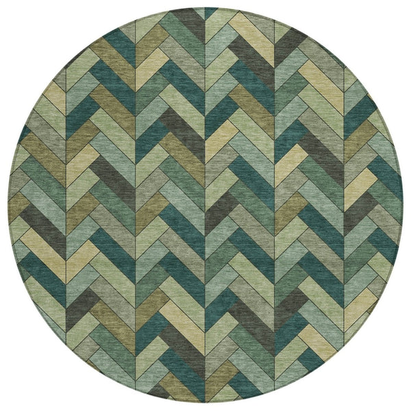 HomeRoots 8' Green and Gray Round Area Rug - Washable, Durable, Stylish Geometric Design for Indoor/Outdoor Use 658167
