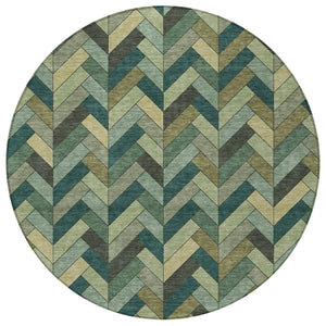 HomeRoots 8' Green and Gray Round Area Rug - Washable, Durable, Stylish Geometric Design for Indoor/Outdoor Use 658167