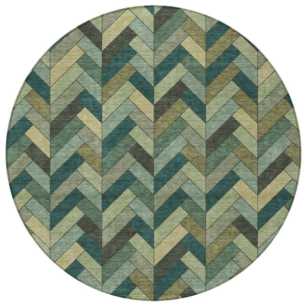 HomeRoots 8' Green and Gray Round Area Rug - Washable, Durable, Stylish Geometric Design for Indoor/Outdoor Use 658167