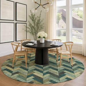 HomeRoots 8' Green and Gray Round Area Rug - Washable, Durable, Stylish Geometric Design for Indoor/Outdoor Use 658167