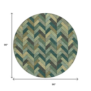 HomeRoots 8' Green and Gray Round Area Rug - Washable, Durable, Stylish Geometric Design for Indoor/Outdoor Use 658167