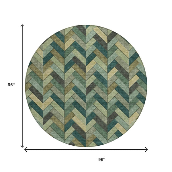 HomeRoots 8' Green and Gray Round Area Rug - Washable, Durable, Stylish Geometric Design for Indoor/Outdoor Use 658167