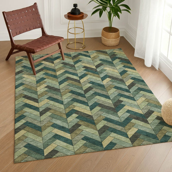 HomeRoots 9' X 12' Stylish Green and Gray Geometric Washable Area Rug for Indoor/Outdoor High-Traffic Use 658169