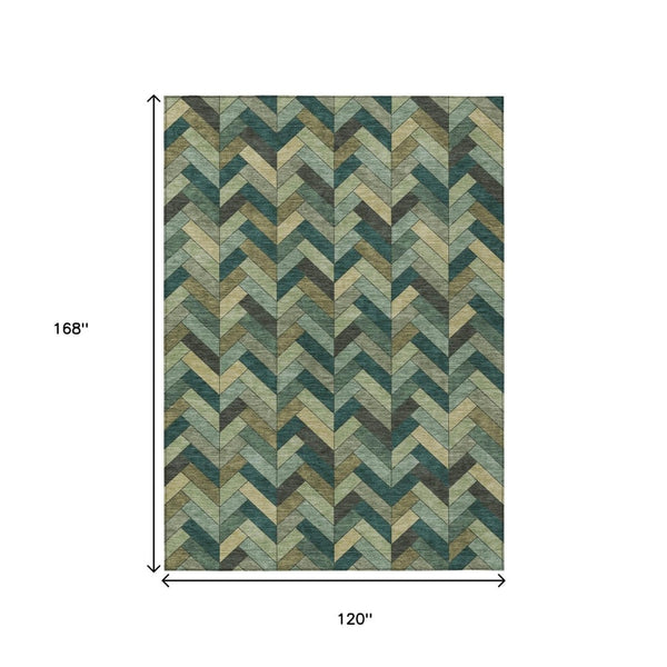 HomeRoots 10' Green and Gray Geometric Area Rug - Durable, Washable Indoor/Outdoor Perfect for High-Traffic Spaces 658170