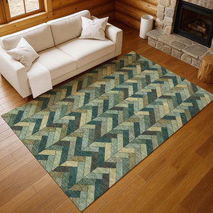 HomeRoots 10' Green and Gray Geometric Area Rug - Durable, Washable Indoor/Outdoor Perfect for High-Traffic Spaces 658170