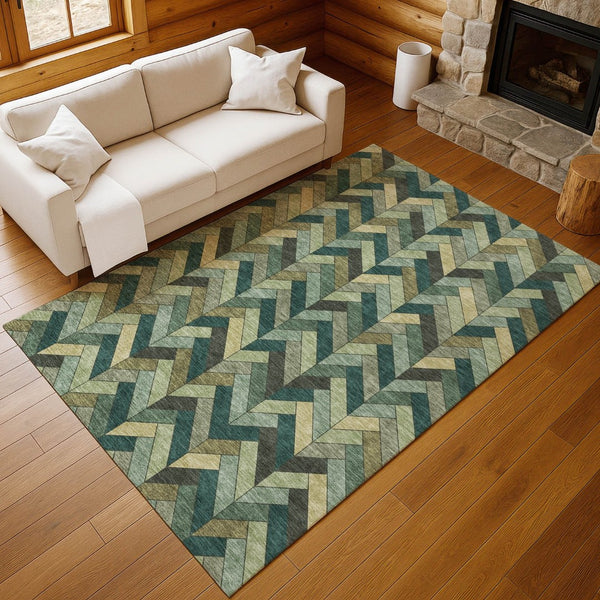 HomeRoots 10' Green and Gray Geometric Area Rug - Durable, Washable Indoor/Outdoor Perfect for High-Traffic Spaces 658170