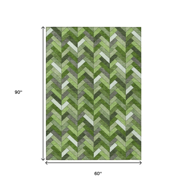 HomeRoots 5' Olive Green and Ivory Geometric Area Rug - Stylish, Washable, Stain-Resistant for Indoor/Outdoor Use 658172