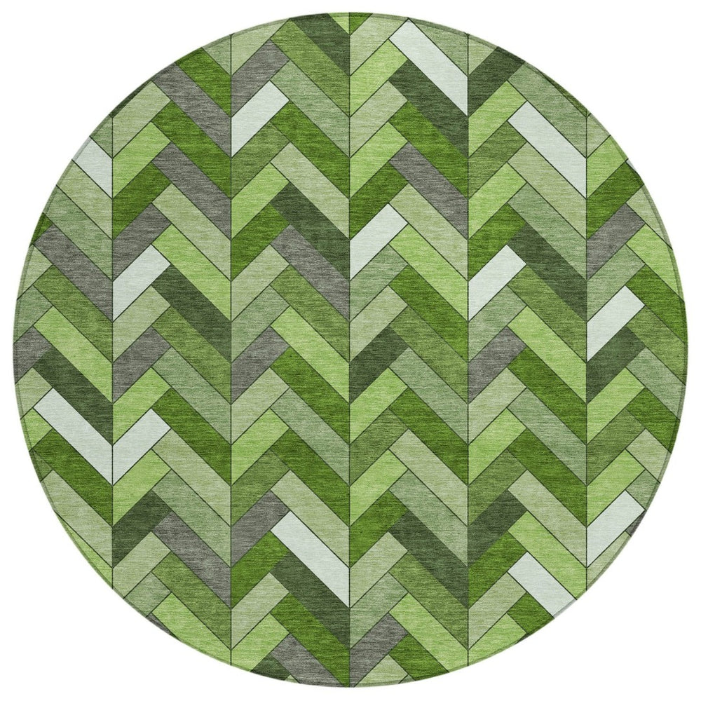 HomeRoots 8' Olive Green Round Geometric Rug – Washable Indoor/Outdoor Area Rug for Stylish Living Spaces 658173