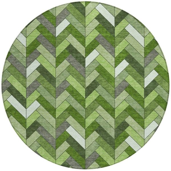 HomeRoots 8' Olive Green Round Geometric Rug – Washable Indoor/Outdoor Area Rug for Stylish Living Spaces 658173