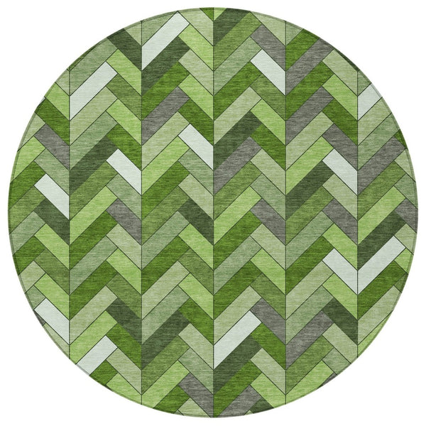 HomeRoots 8' Olive Green Round Geometric Rug – Washable Indoor/Outdoor Area Rug for Stylish Living Spaces 658173