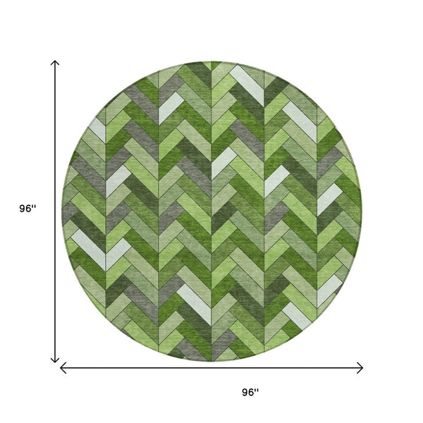 HomeRoots 8' Olive Green Round Geometric Rug – Washable Indoor/Outdoor Area Rug for Stylish Living Spaces 658173