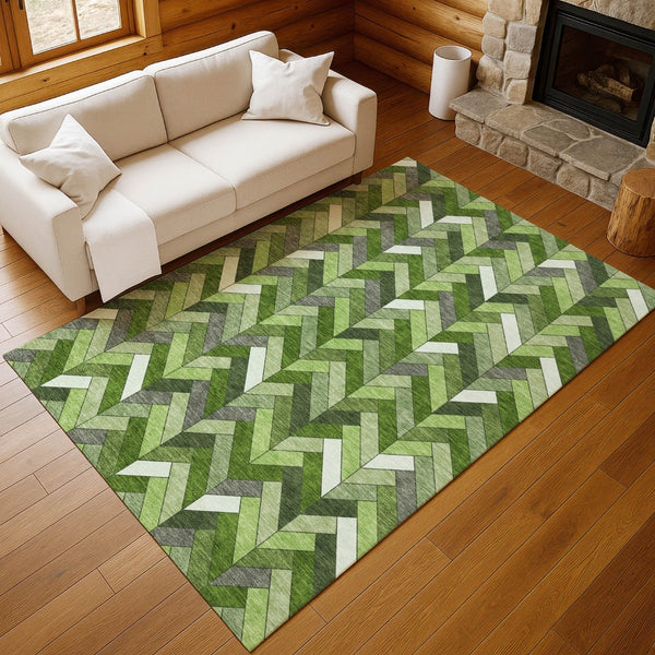 HomeRoots 8' Olive Green and Ivory Geometric Area Rug - Stylish, Washable, Durable for Indoor & Outdoor Use! 658174