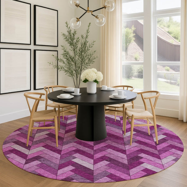 HomeRoots 8' Pink and Ivory Round Geometric Washable Area Rug – Stylish, Durable & Perfect for Indoor/Outdoor Use! 658179