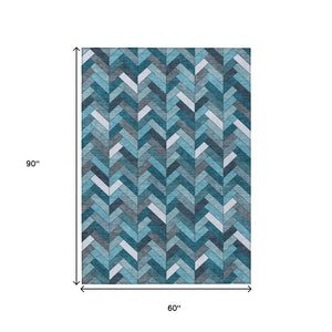 HomeRoots 5' Stylish Teal Blue & Ivory Geometric Area Rug - Washable, Durable for Indoor/Outdoor Use, 5'x8' 658190