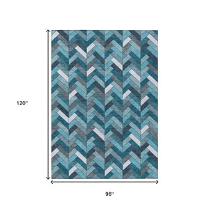 HomeRoots 8' X 10' Teal Blue & Ivory Geometric Rug - Washable, Durable for Indoor/Outdoor Family Spaces! 658192