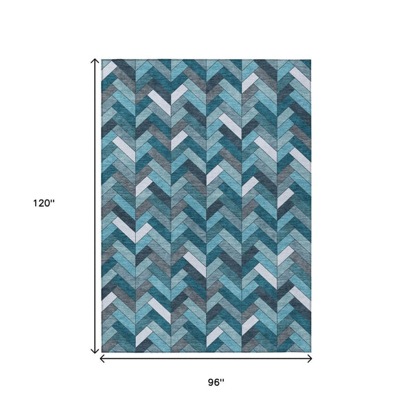 HomeRoots 8' X 10' Teal Blue & Ivory Geometric Rug - Washable, Durable for Indoor/Outdoor Family Spaces! 658192