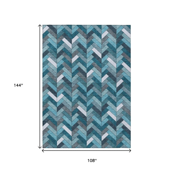 HomeRoots 9' Teal Blue & Ivory Geometric Area Rug – Washable Indoor/Outdoor Durability for Modern Spaces! 658193