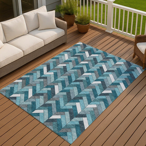 HomeRoots 10' Teal Blue and Ivory Geometric Area Rug - Stylish, Washable, Indoor/Outdoor, Durable & Easy Care! 658194